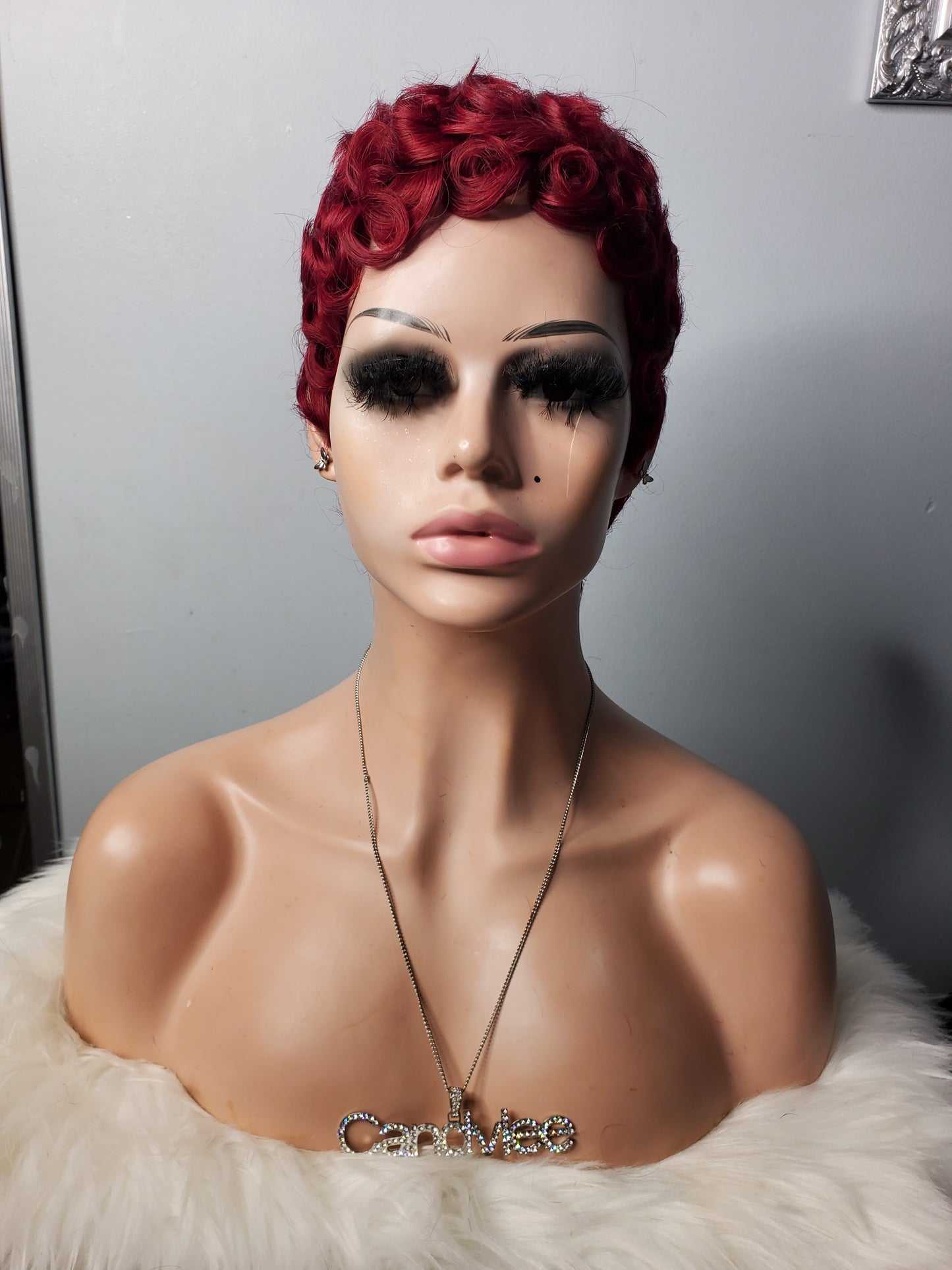 burundy, glueles,s pixie, pincurl wig by candyleehair