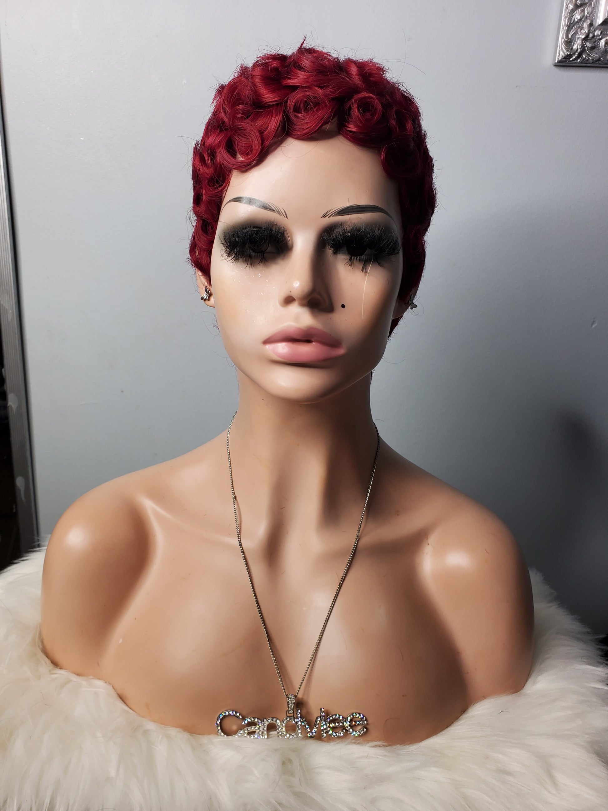 burundy, glueles,s pixie, pincurl wig by candyleehair