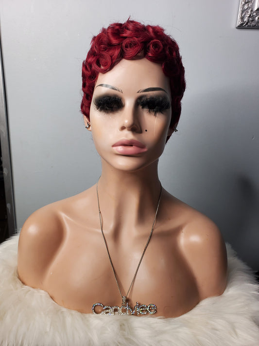 burundy, glueles,s pixie, pincurl wig by candyleehair
