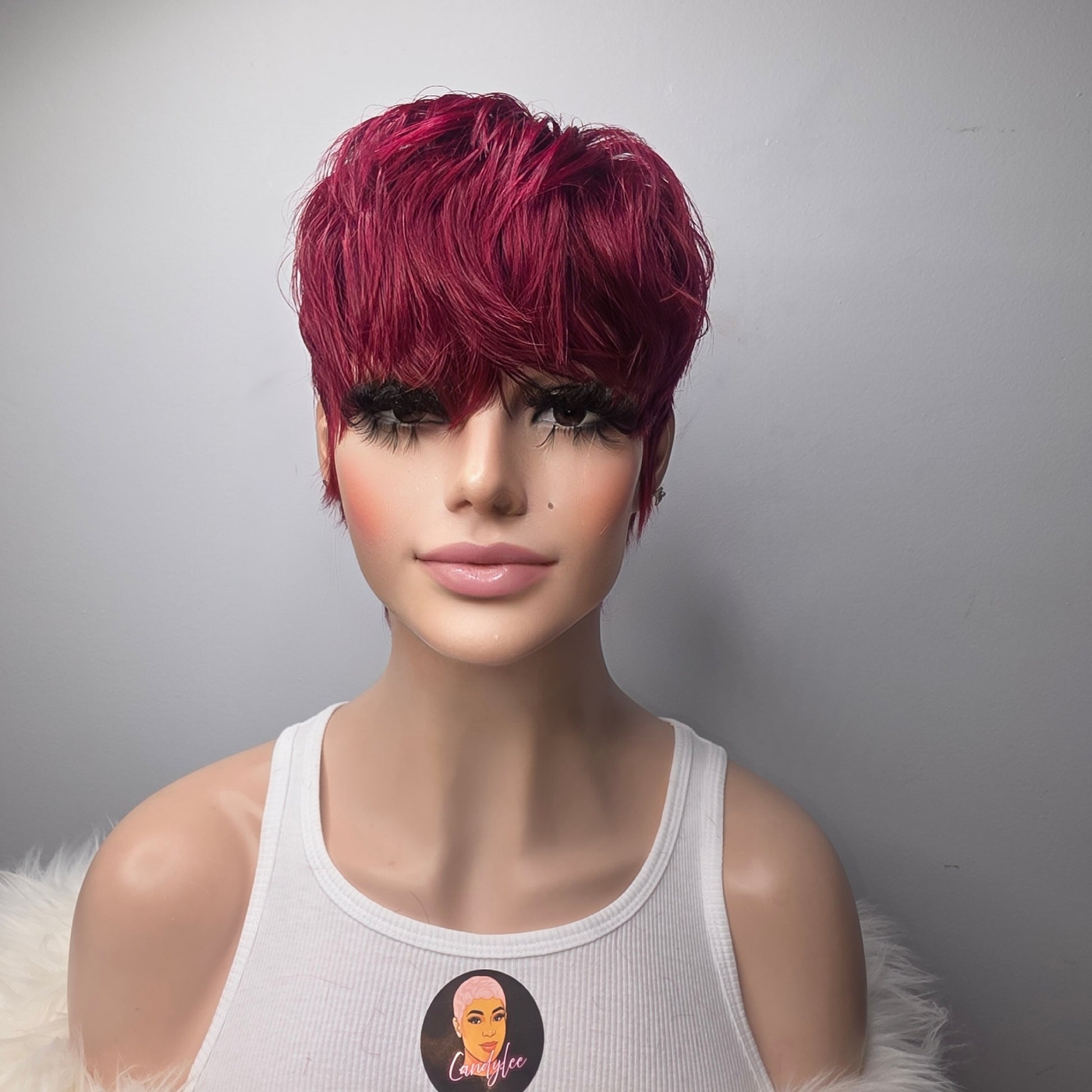 bold burgundy pixie by candyleehair-short luxury gluless unit, vibrant colour with soft layers