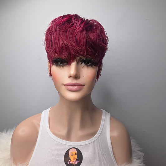 bold burgundy pixie by candyleehair-short luxury gluless unit, vibrant colour with soft layers